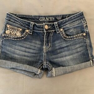 Grace In LA Shorts Womens 27 Blue Denim Embroidered Rhinestone Cuffed Studded